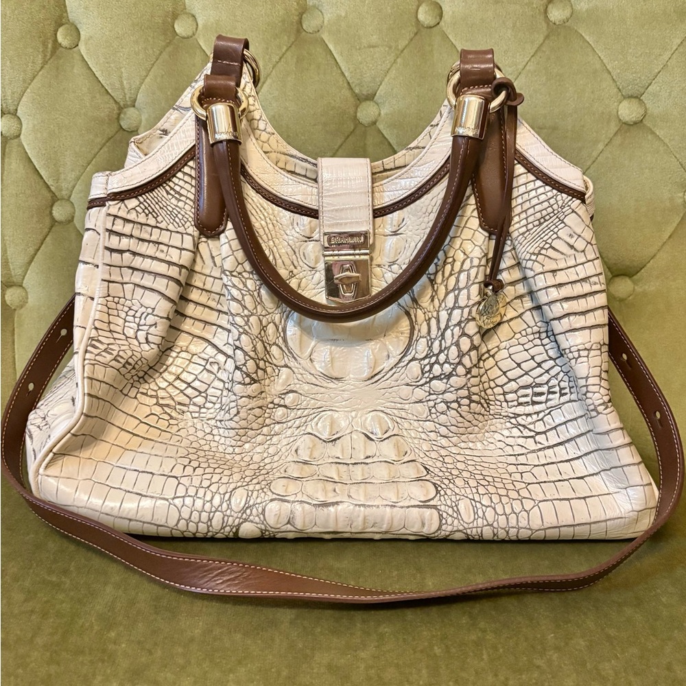 Brahmin Elisa Hobo Satchel in Beige & Brown Crocodile-Embossed Leather